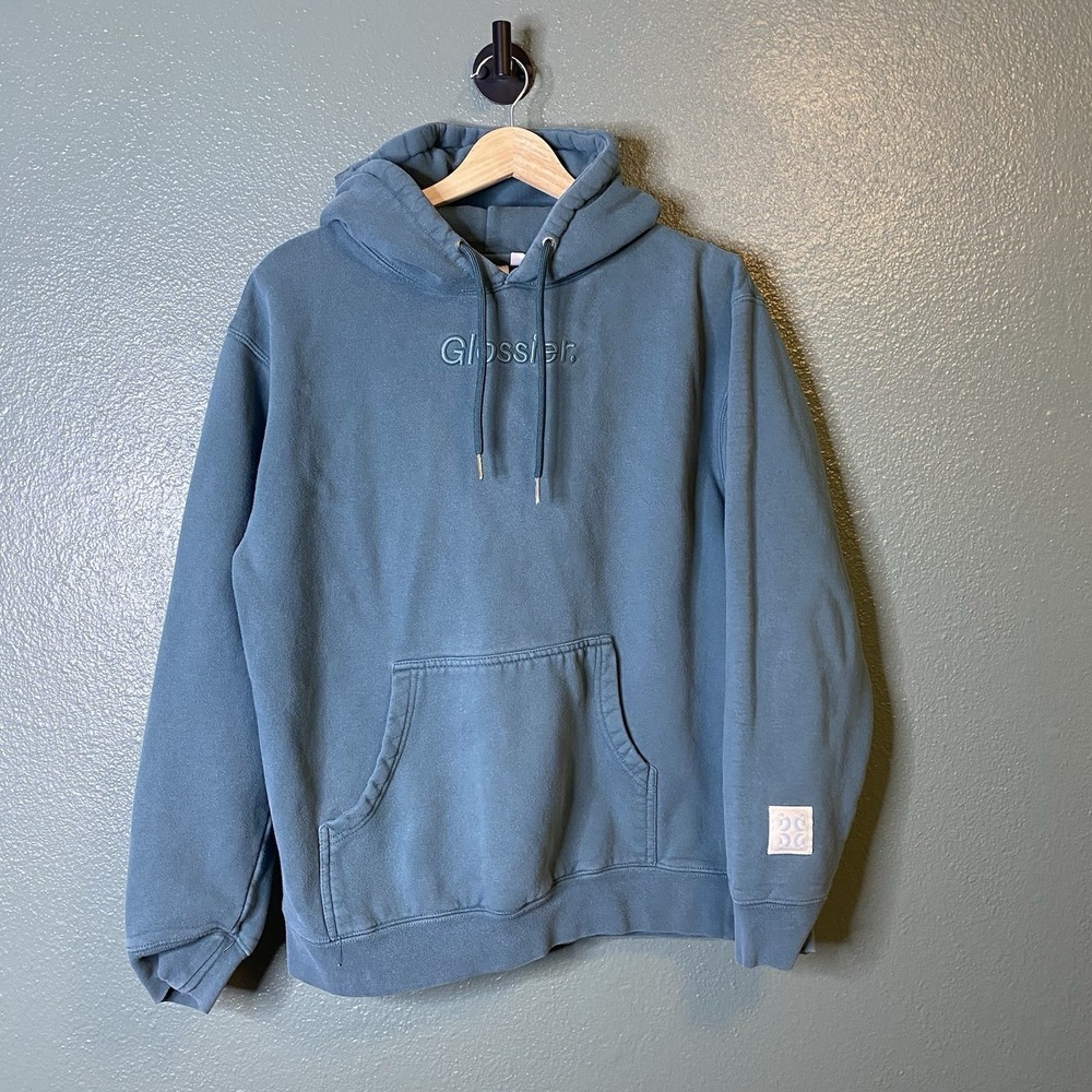 Glossier Hoodie Womens Sm Green Embroidered Logo Fleece Kangaroo Pocket Pullover